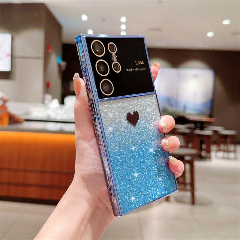 Luxury Love Logo Lens Film Glitter Electroplated Mobile Phone Case for Samsung S23 22 21 Ultra Plus S20 FE A54 53 52 A14 A23 Fall Protection Cases