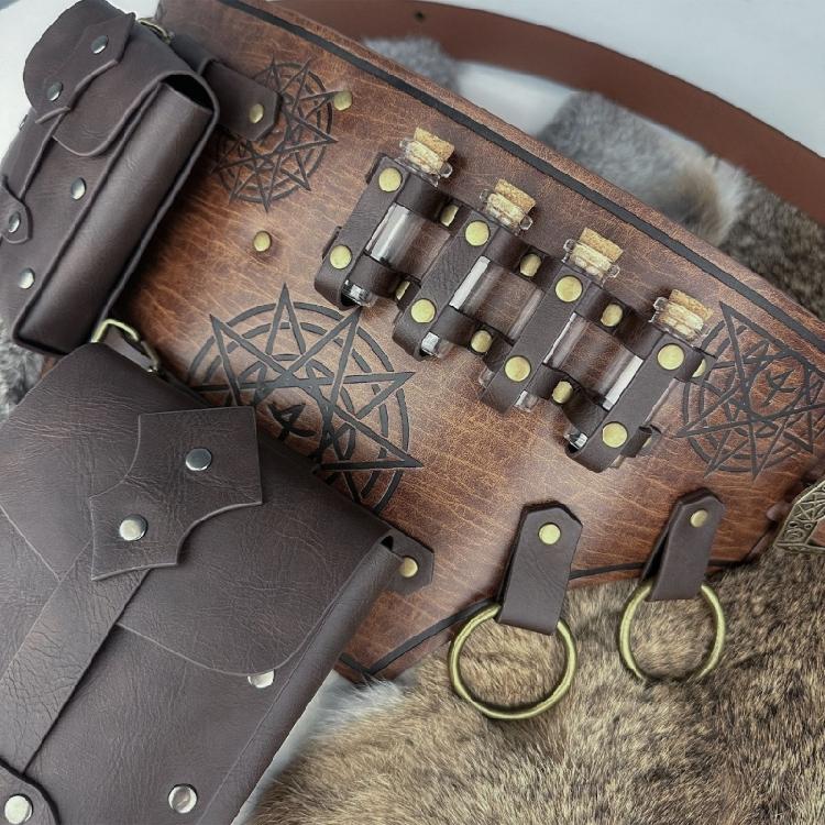 Medieval Knight Costumes Renaissances Potion Bottles Leather Belt Waist Bag Halloween Party Cosplay Costumes for Adults