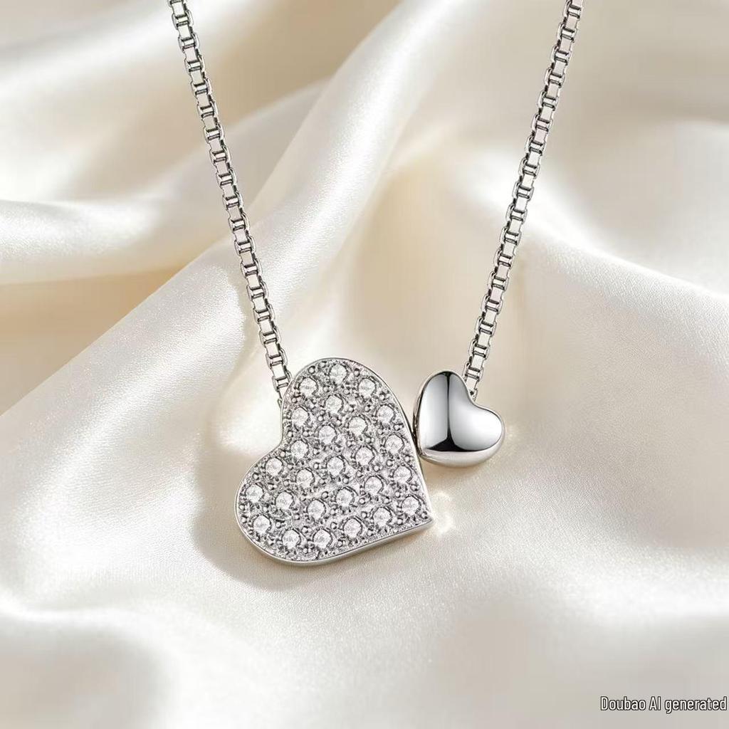 Women's Double Heart Necklace with Zircon Pendant - Luxury Clavicle Chain Gift