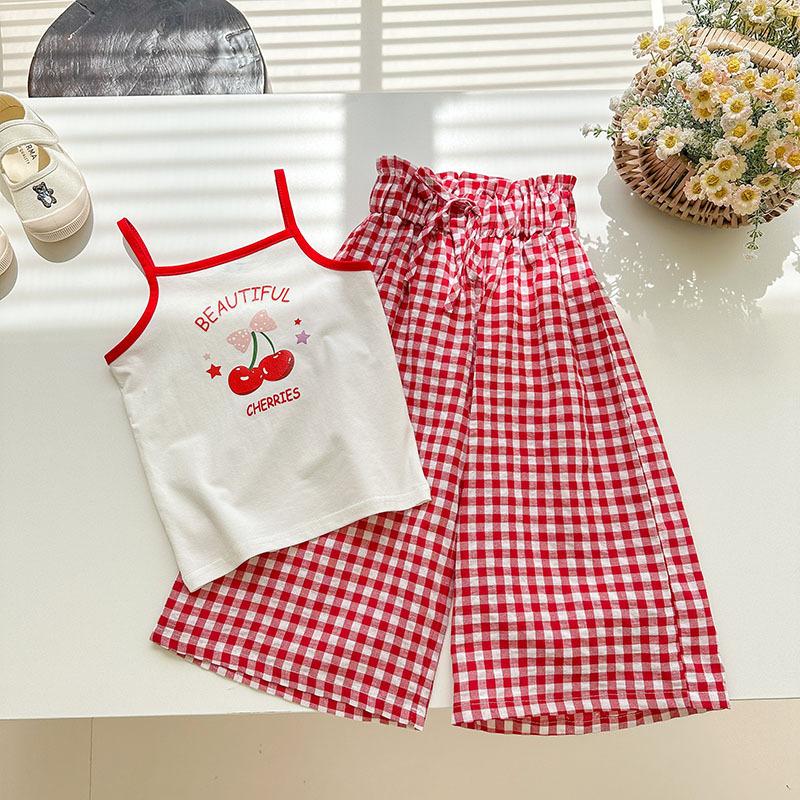 Girls Summer Cotton Tank Top And Plaid Wide Leg Pants Set With Bow Sweet Two Piece Outfit For Toddler Kids 90cm