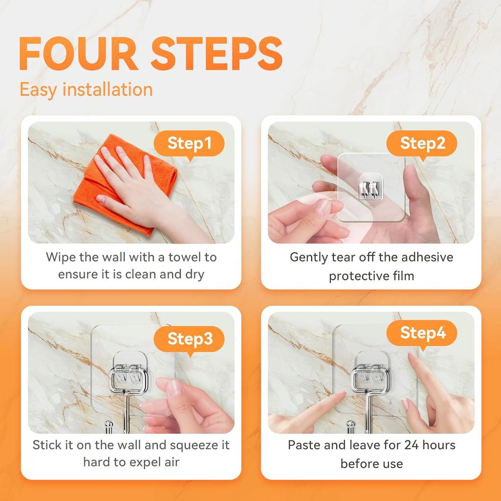 Transparent Heavy Duty Adhesive Hooks for Walls - Clear Hooks for Hanging, No Damage, Strong for Heavy Duty Use, Ideal for Kitchen