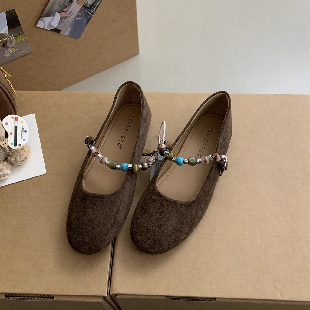 Französisches Wildleder Ein-Wort-Schnalle Mary Jane Schuhe Damen 2025 Herbst neu Nischendesign Perle weiche flache Schuhe