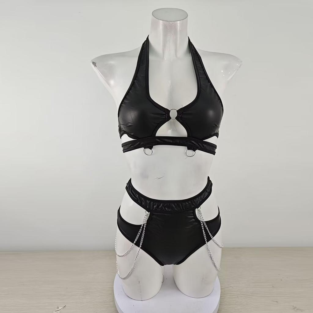 Metal Chain Buckle  Leather Neck Hanging Two-piece Set Of Fun Lingerie Set