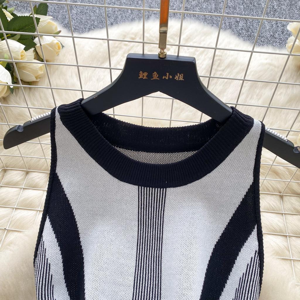 Summer Women French Senior Knitting Sweater Tank Dress Female O Neck Sleeveless High Elastic Slim Fit Sundress Patchwork Chic OL Mini Dress