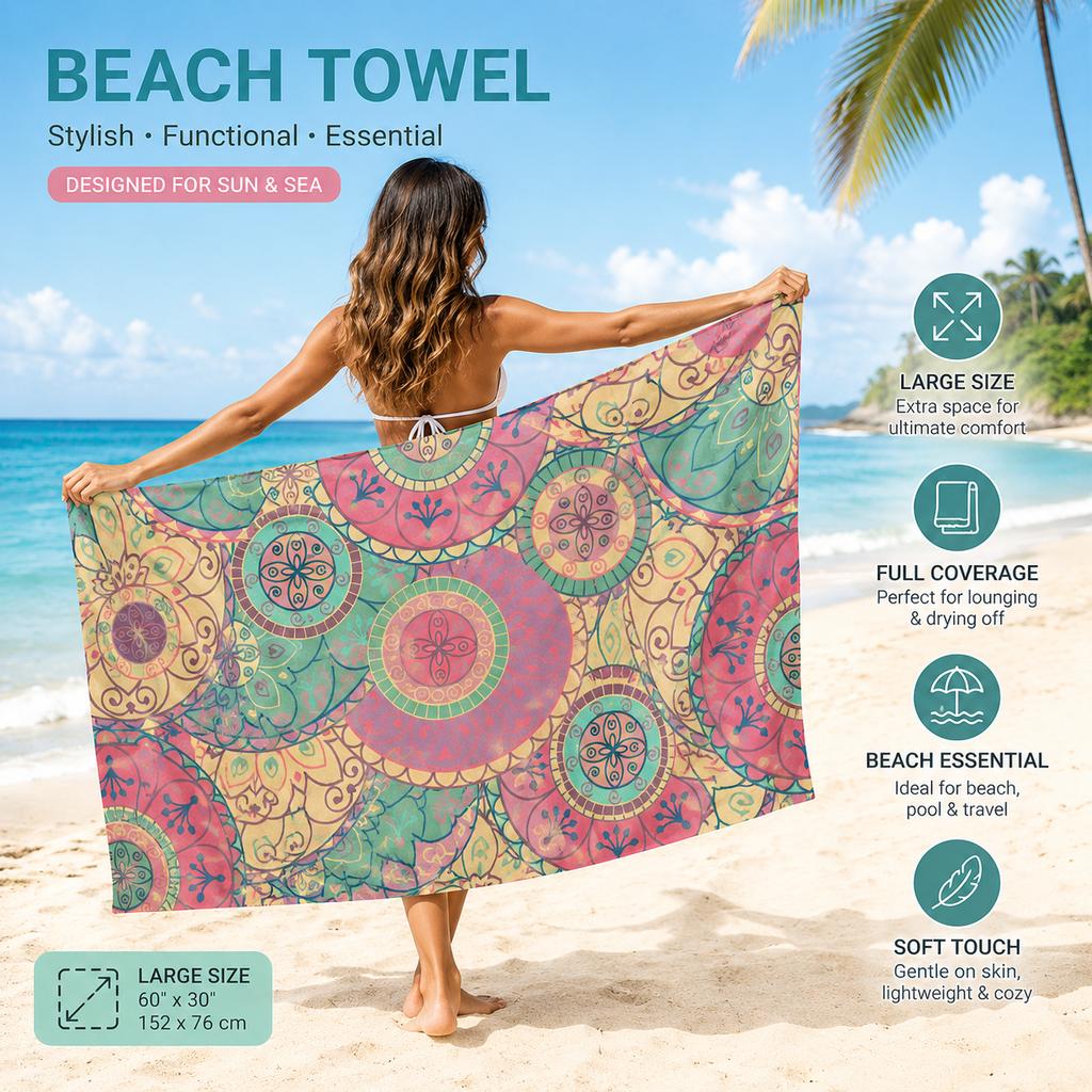 Boho Mandala Beach Towel flat print Colorful Floral Bath Towels for Adults Large Summer Pool Party Outdoor Travel Decor