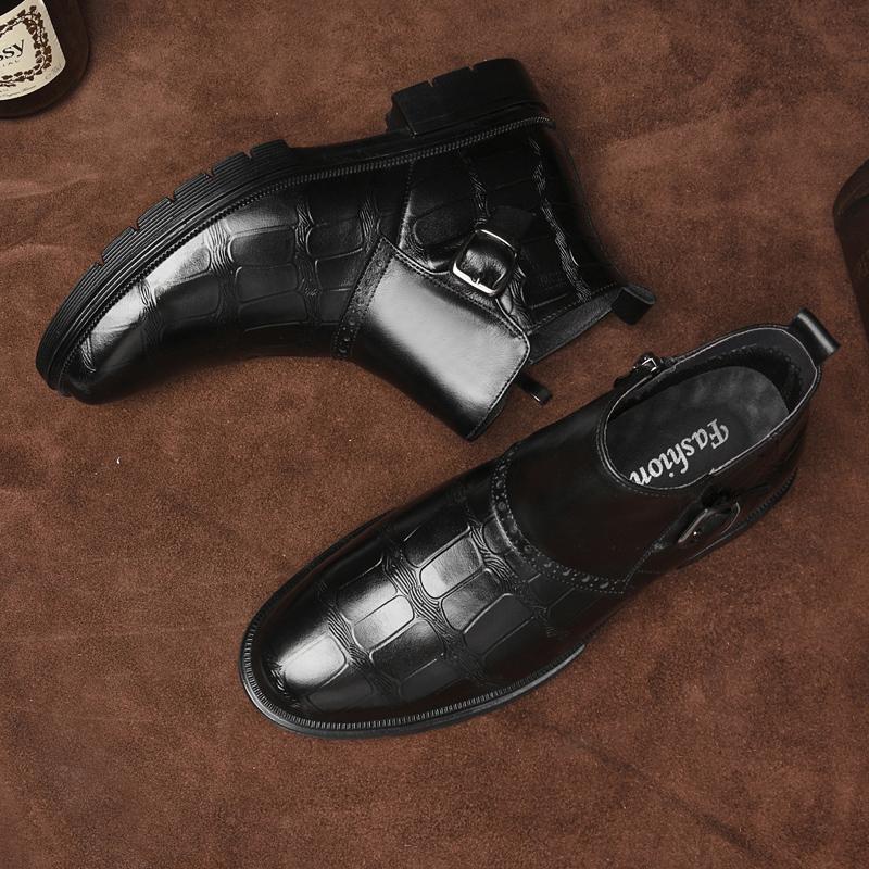 Fashion Causal Business Formal Shoes Men Chelsea Genuine Leather Ankle Boots Fashion Crocodile Leather Round Toe Antiskid Designer Boots