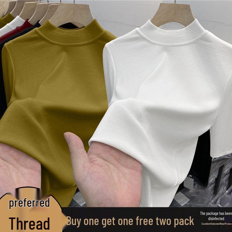 Chic High-Neck Slimming Mid-Sleeve Top (1/2 Piece) - Fashionable Natural Shoulders, Ideal for Spring/Autumn Layering, Body-Conscious Women's T-Shirt