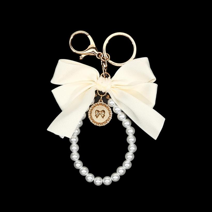 1PC Women Elegant Simulated Pearl Bow Wristlet Keychain Cute Aesthetic Bead Keychains Bag Charms for Handbags