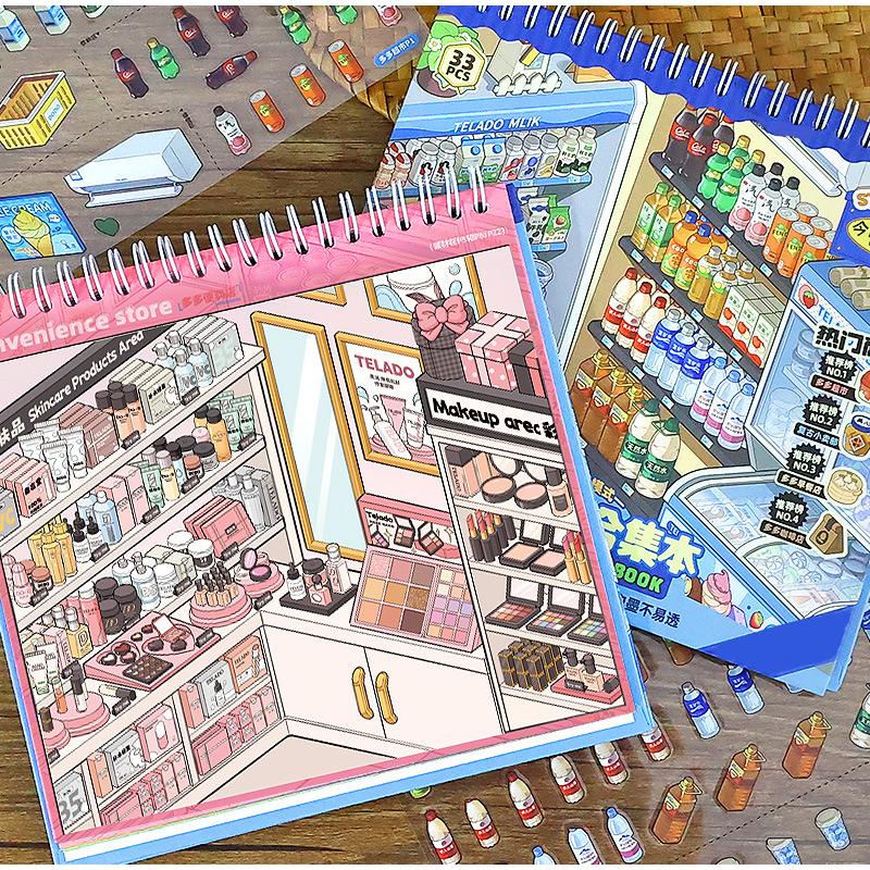 Children DIY Cartoon Scene Stickers Mini Supermarket Shelf Stickers Photo Album 3D Scene Manual Stickers Children's Gifts
