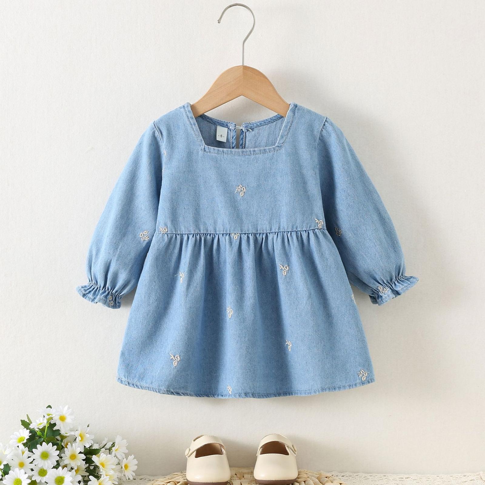 Girls Denim Square Neck Long Sleeve Dress for Casual Everyday Wear 110