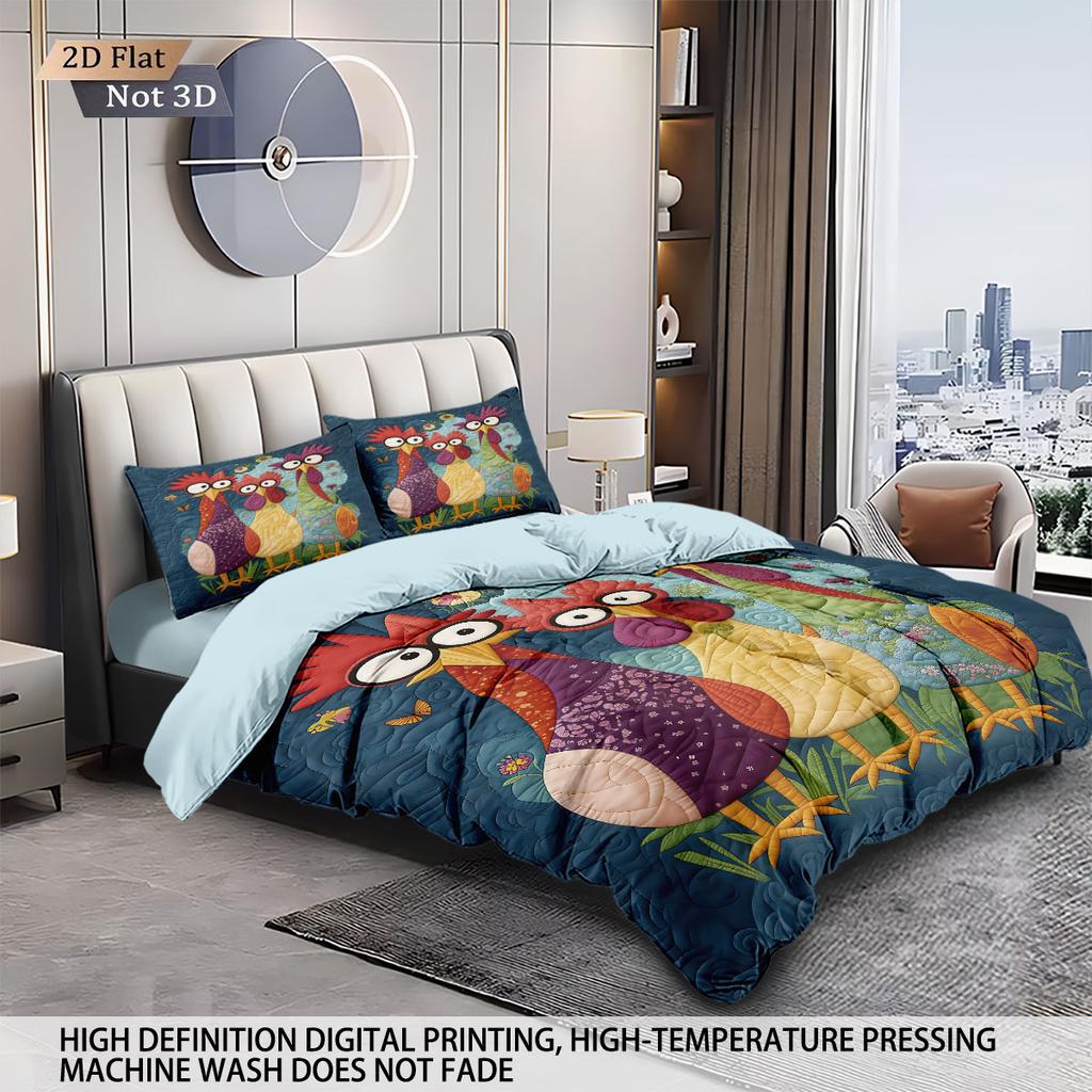 3pcs Cartoon Cute Chicken Print Coreless Down Duvet Cover Set Comfortable Bedroom Bedding Decoration Machine Washable