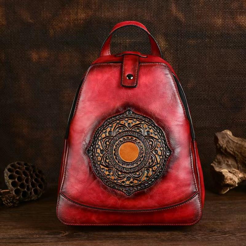 Johnature Vintage totemový embosovaný batoh Univerzální dámská kožená taška Jednobarevné cestovní batohy s velkou kapacitou