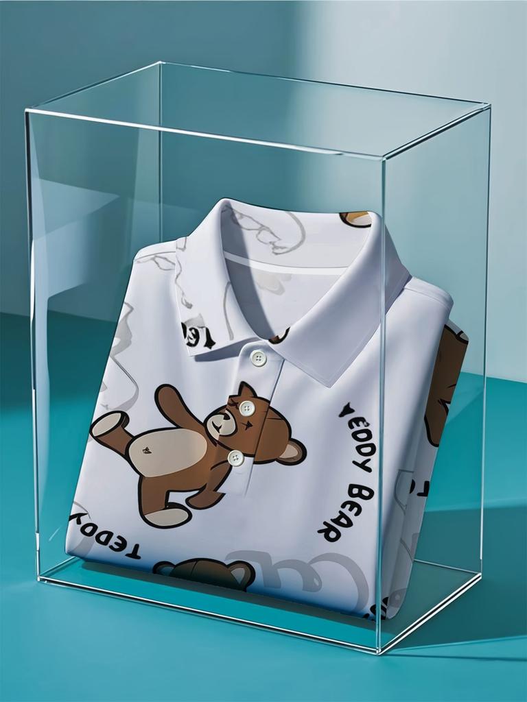 Men'S Short-Sleeve Polo Shirt with Flat Digital Print Design - No Texture - Featuring a Cute Teddy Bear And Text Print, Stylish And Easy Short