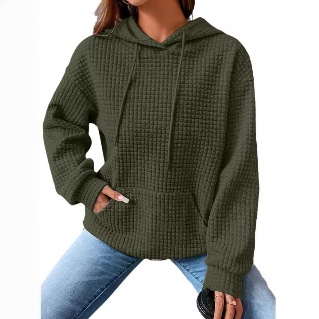 Women's Hooded Sweatshirt Spring and Autumn Style Waffle Fashion Beautiful Solid Color Hooded Drawstring Loose Sweatshirt