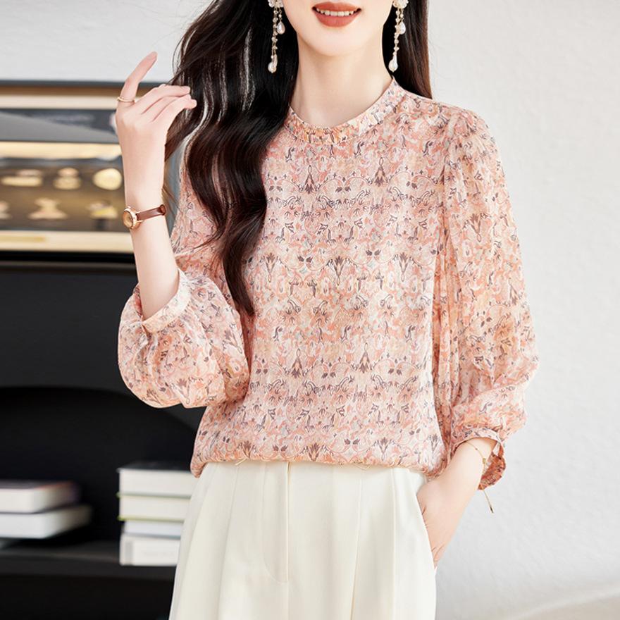 

Printed seven-quarter-sleeved silk shirt women s summer new fashion mulberry silk shirt top 3XL