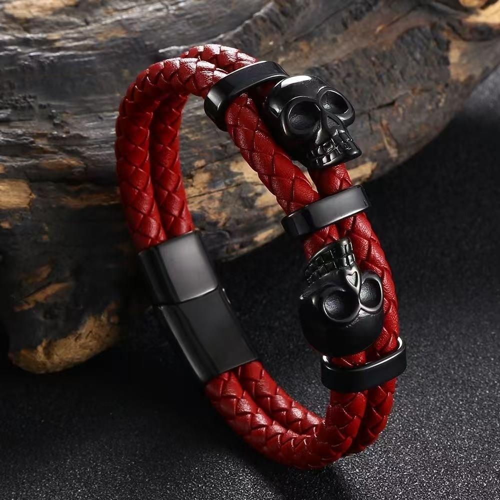 Punk Style Leather Braided Bracelets Unique Magnetic Hand Chain Gothic Skull Wristband Anniversary