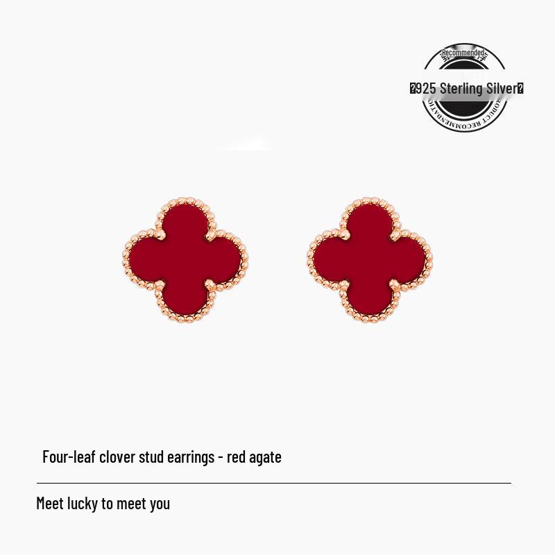 Four-Leaf Clover S925 Silver 9mm Stud Earrings with Red Agate, Black Agate, Turquoise, Butterfly, White Shell, Gray Shell, and Pink Shell for Women.