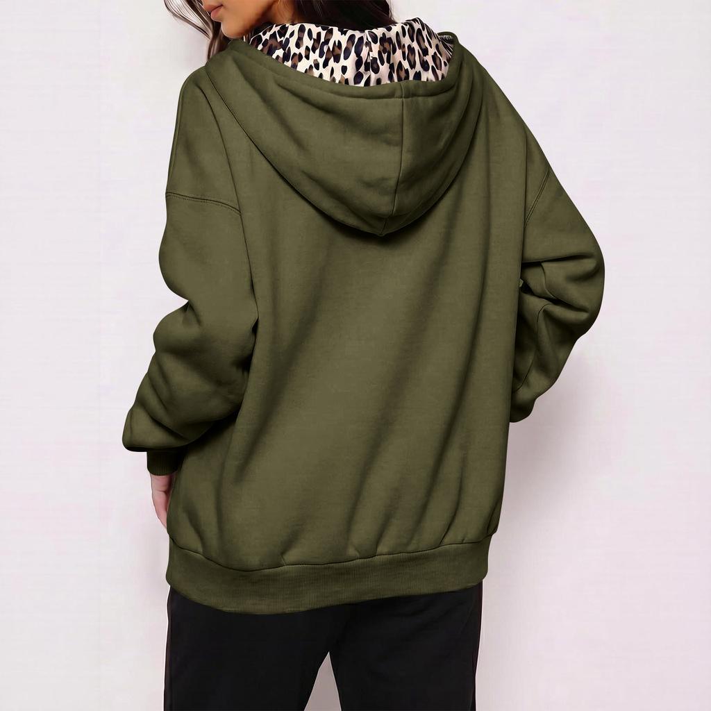 Damen Kapuzenpullover mit Reißverschluss, gefüttert, Leopardenmuster, Langarm