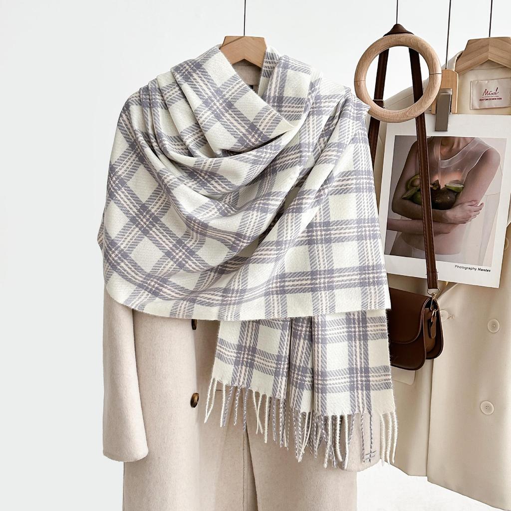 Women's Winter Plaid Imitation Cashmere Tassel Scarf, Thickened Korean Style Neck Warmer