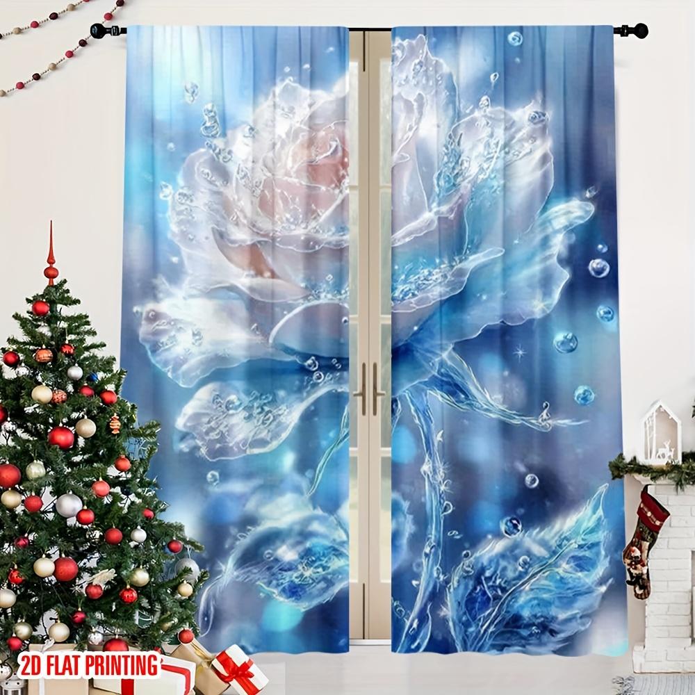 2 Pcs 2D Winter Christmas Curtains – Blue Icy Lake with Roses Print Polyester for Bedroom & Living Room Decor