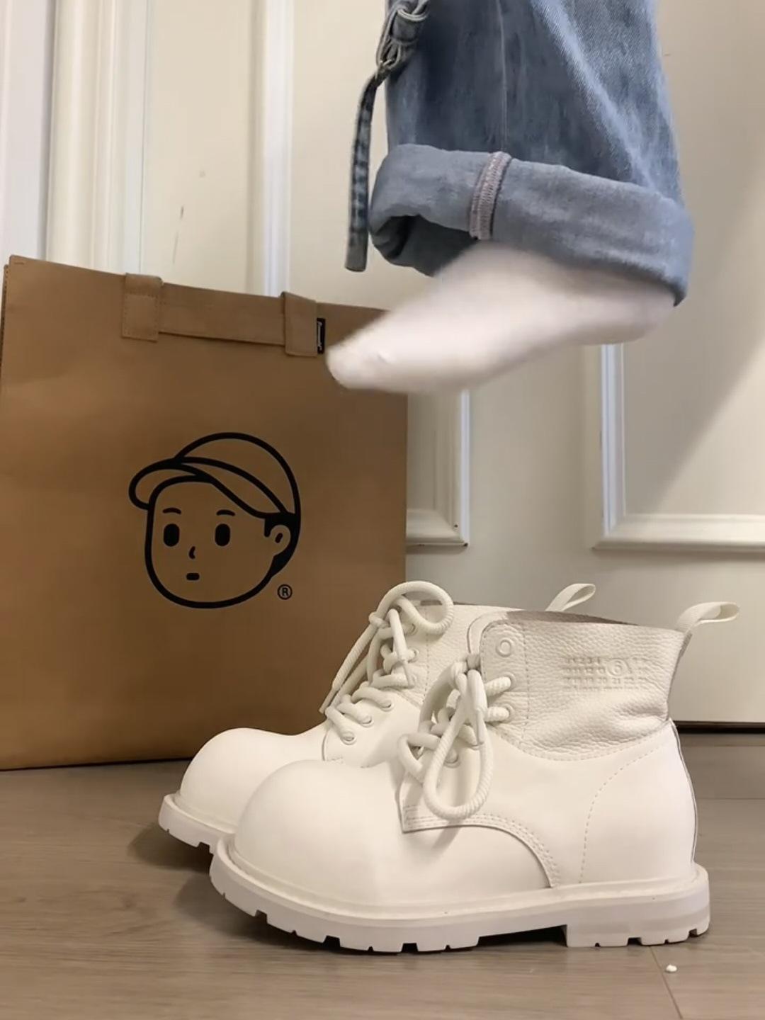 

[Чжикэ] 2025 повседневные черные альпинистские спортивные ботинки на платформе из мягкой коровьей кожи, короткие ботинки Мартин для женщин 40 белый