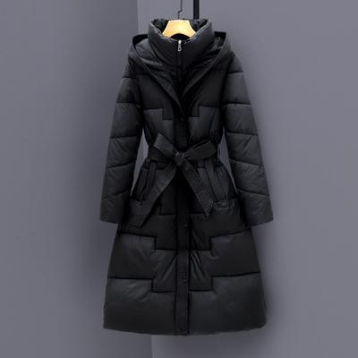 Women's Hooded Long Sleeve Belted Cotton Padded Coat Loose Fit Mid Length Winter Jacket