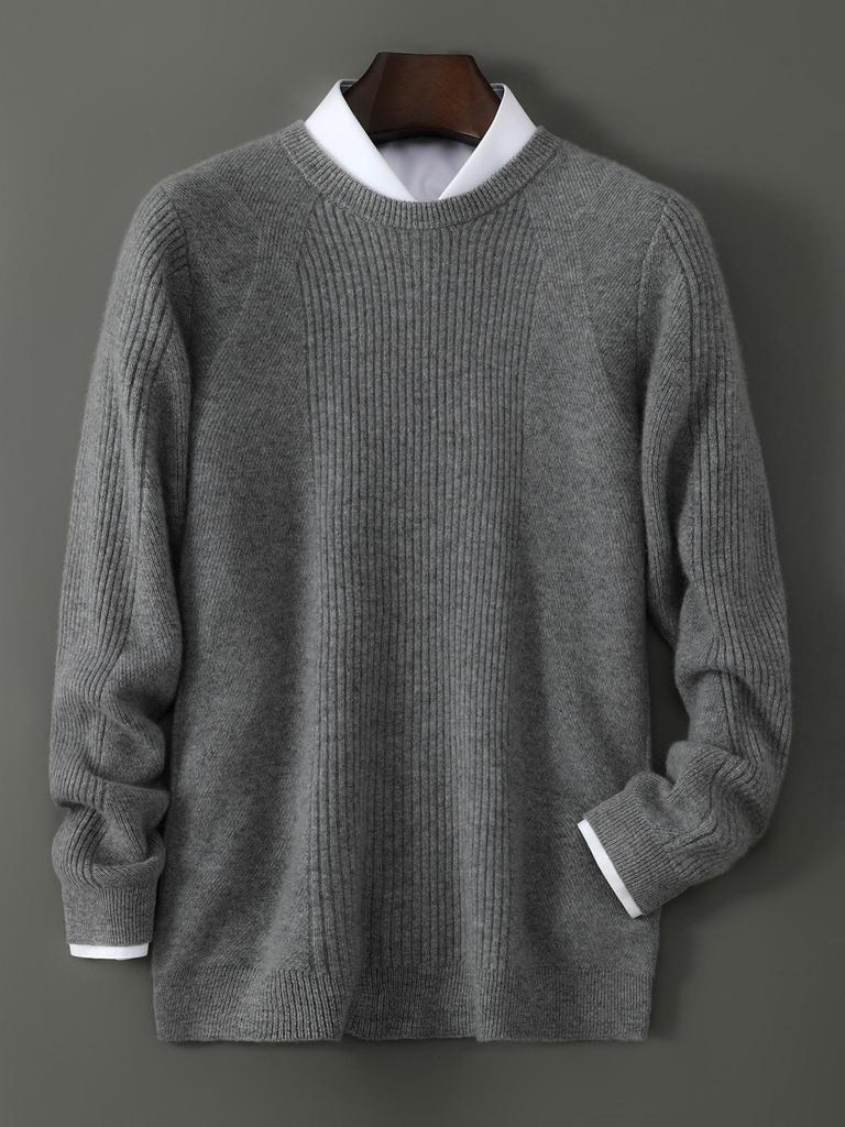 Men's High-Quality 100% Wool Round Neck Sweater, Vertical Ribbed Knit, Soft and Luxurious Thick Base Layer