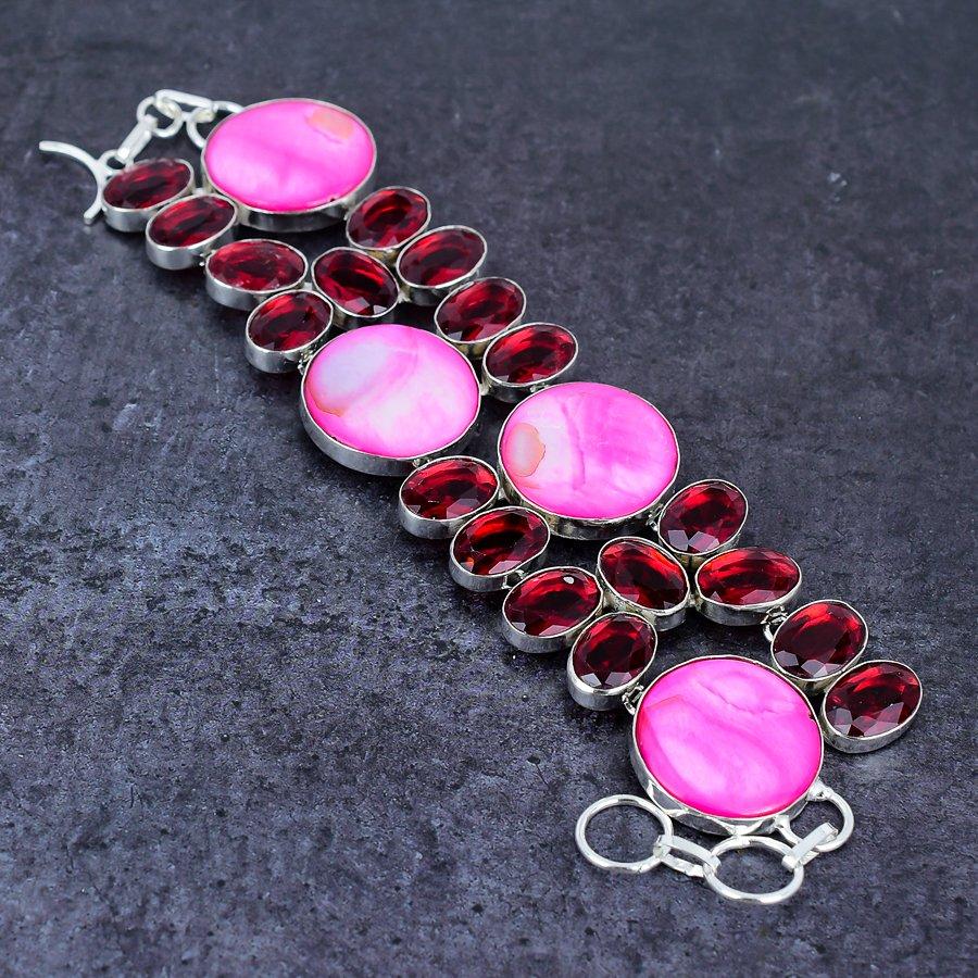 Pink Mother Of Pearl, Garnet Gemstone 925 Sterling Silver Bracelet 7-8"
