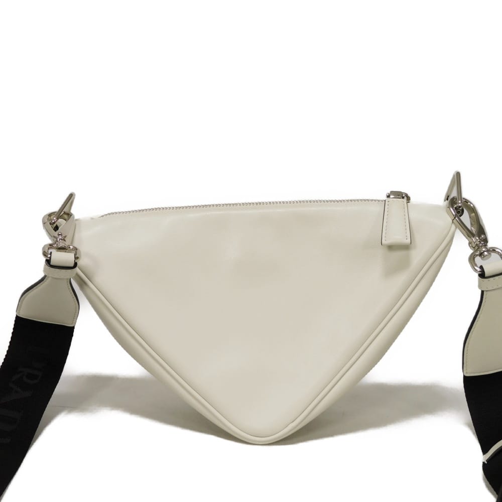 Used 11569 Triangle Leather Crossbody Bag 1BH190 2BYA F00099 7921 White RFID IC Chip Embossed Logo Bianco Unisex from