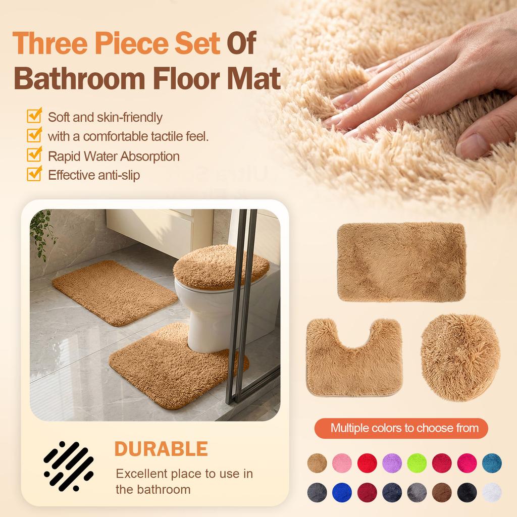 Bathroom Rug Set 3 Piece Includes Non Slip Bath Mat Contour Rug and Toilet Lid Cover Soft Shaggy Microfiber Absorbent Mat for Home Hotel Use