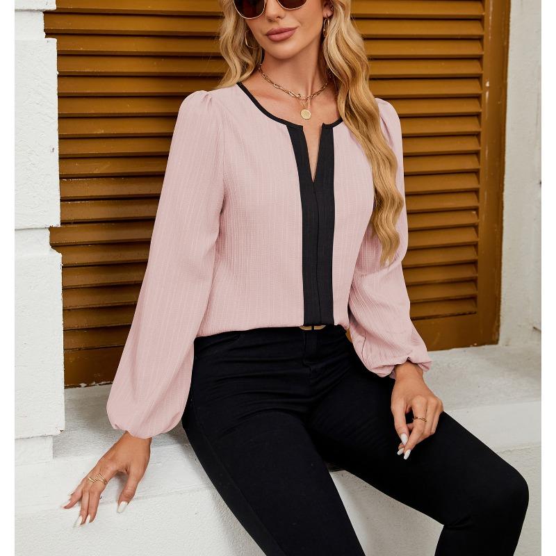 Haut de chemise à manches longues bouffantes à col en V et à assortiment de couleurs pour femmes