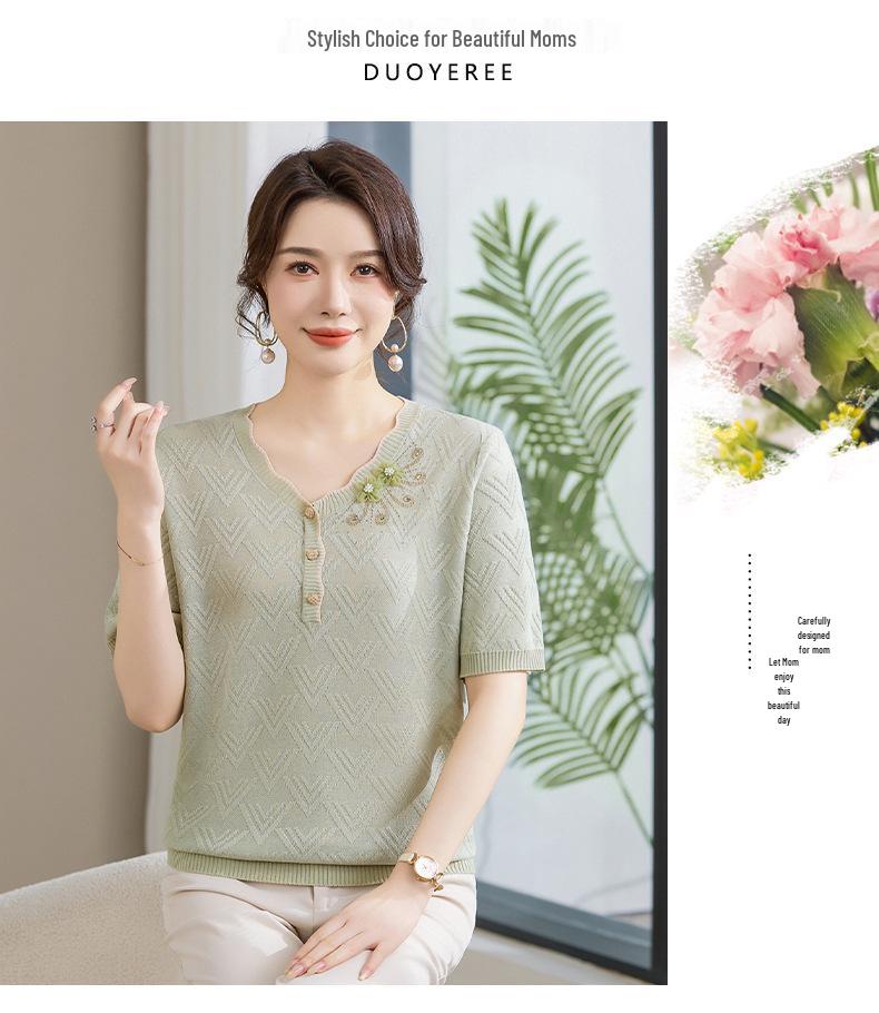 Summer Knit Top with 3D Floral Embossing, Breathable Short Sleeve, Casual and Loose Fit for Middle-Aged and Elderly Women
