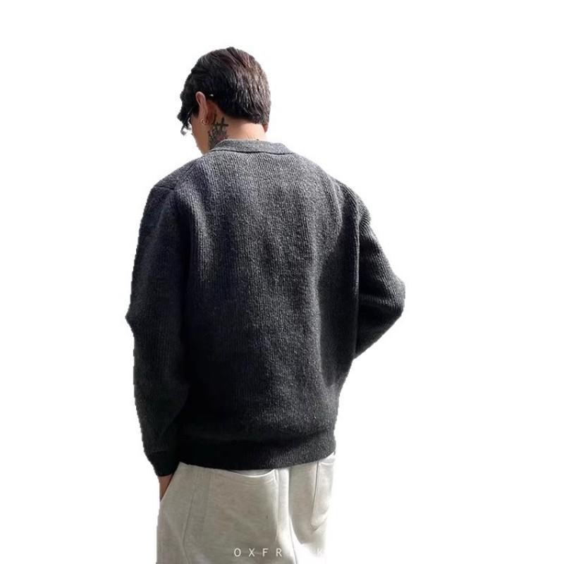 Mens Gray Collared Long Sleeve Knit Polo Sweater Loose Casual Old Money Style Fall Winter