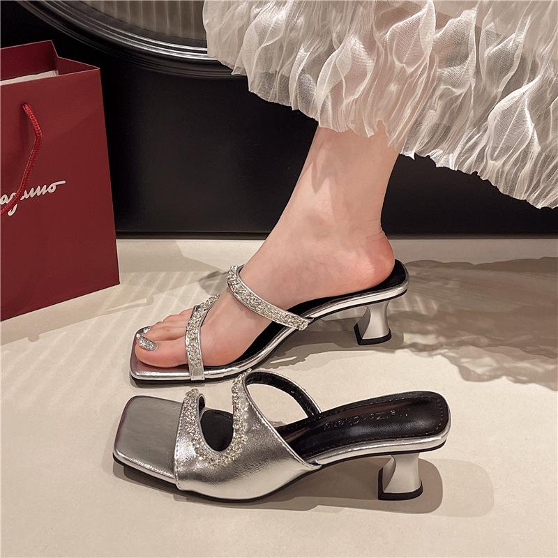 High-heeled Slippers Female 2025 New Summer with Skirt Thick-heeled Crystal Beautiful French Fairy Cool Slippers Outside