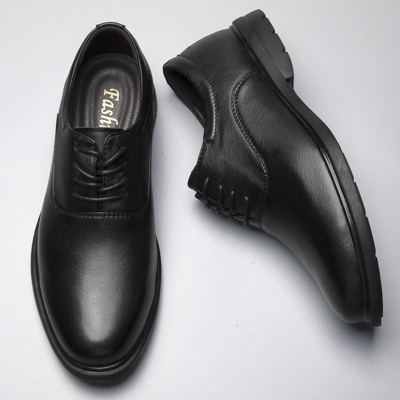 Men's shoes business leather shoes dress casual shoes spring low-top lace-up pure black leather cowhide large size gentleman