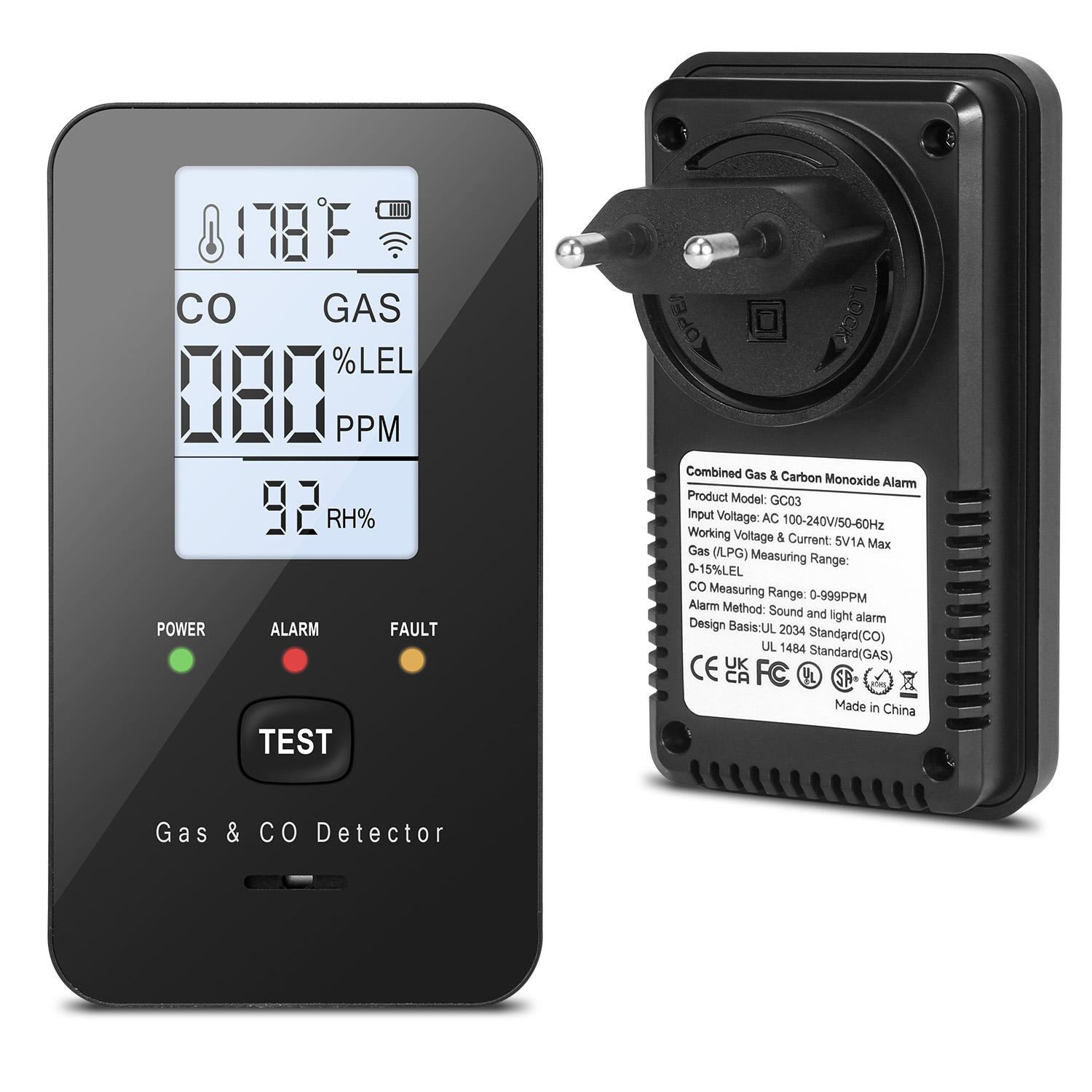 Natural Gas Leak Detector & Carbon Monoxide Detectors with Natural, Propane, Co & Gas Leak Detector  Temperature Detector EU-Black