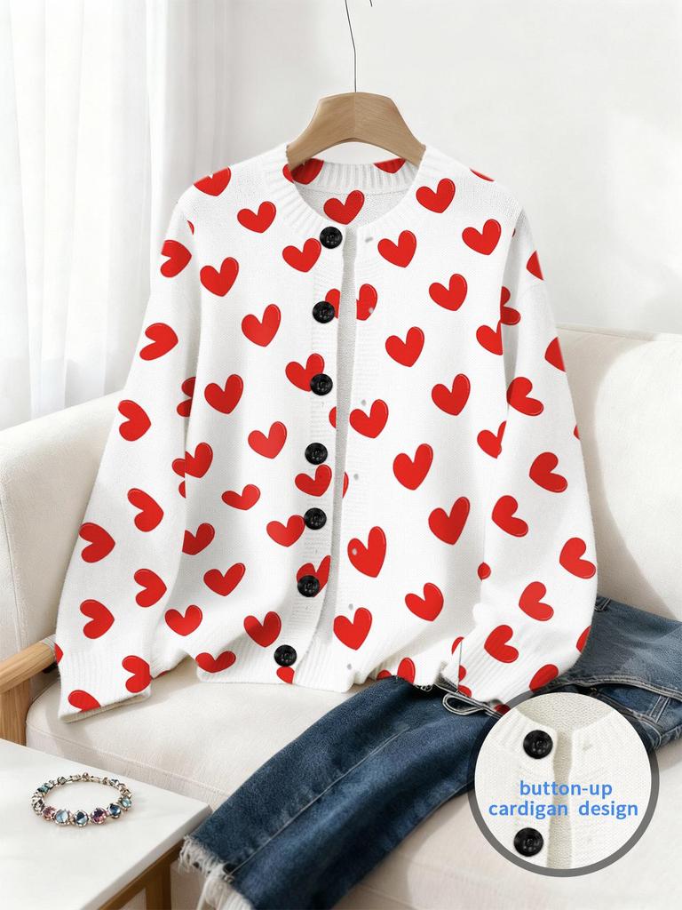 Spring Digital Print Cardigan: Valentine's Day Loose Knit Women's Fashion Top