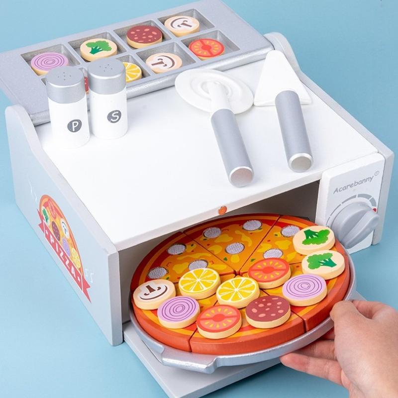 Kids Simulation Food Kitchen Toys Wooden Pizza Cutting Pretend Play House Oven Bbq Rack Set Children Educational Cooking Toys