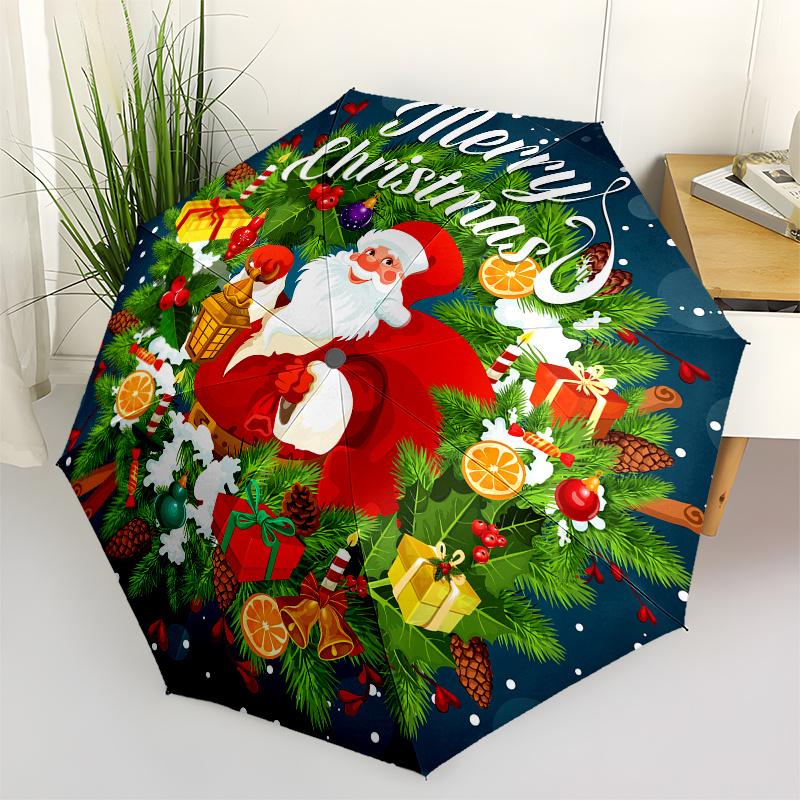 Merry Christmas Santa Claus Gift Circle StickerUmbrella, Portable 3-Fold Compact Umbrella,Christmas Gift ES418