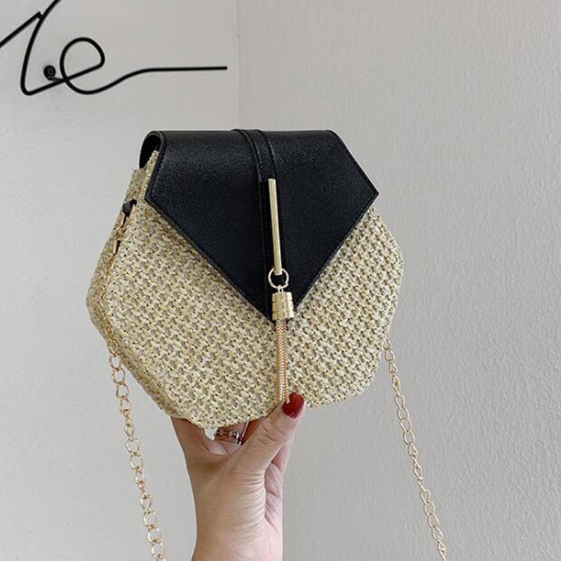 Summer Straw Bag Women Hexagon Chain Crossbody Bag Handmade Weaven Shoulder Bag Fashion Tassel Messenger Bag