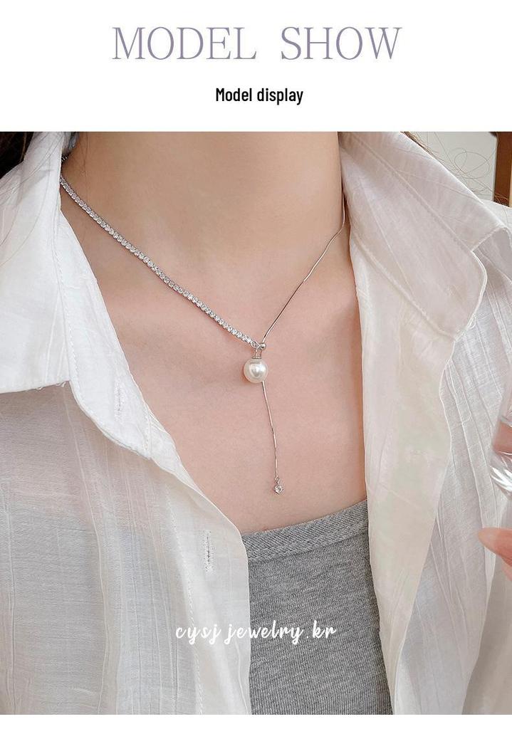 Cui Yan S925 Sterling Silver Korean Asymmetrical Long Necklace with Rhinestones & Pearl Clavicle Chain