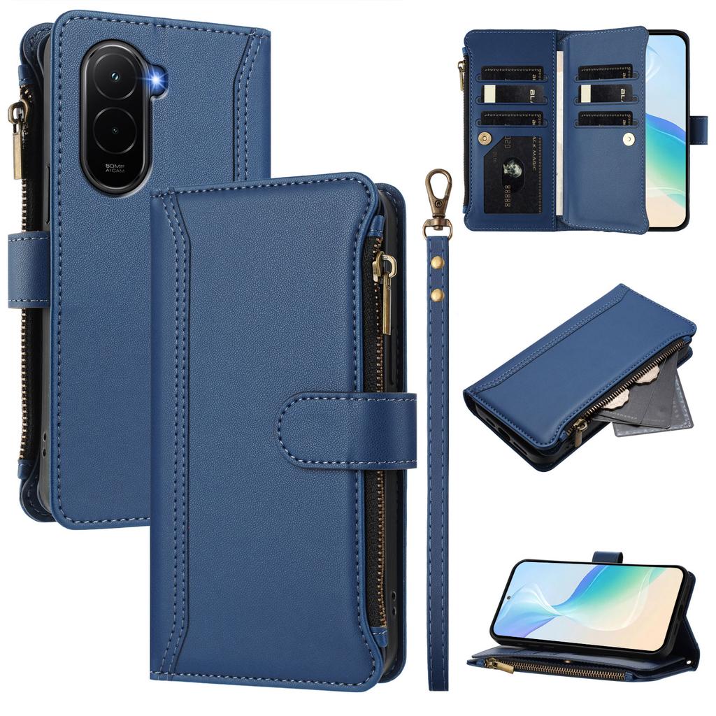 For Xiaomi Poco M7 Plus 5G/M7 4G (169mm) Leather Case 9 Card Slots Zipper Wallet Stand Phone Cover with Wrist Strap