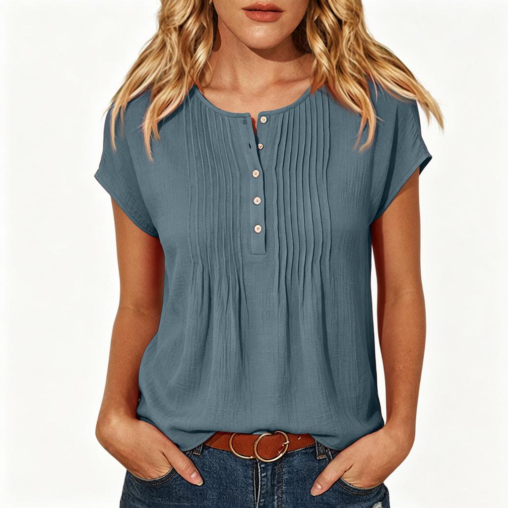 Women's Casual Color Button Front Round Neck Short Sleeve Blouse for Everyday Wear
