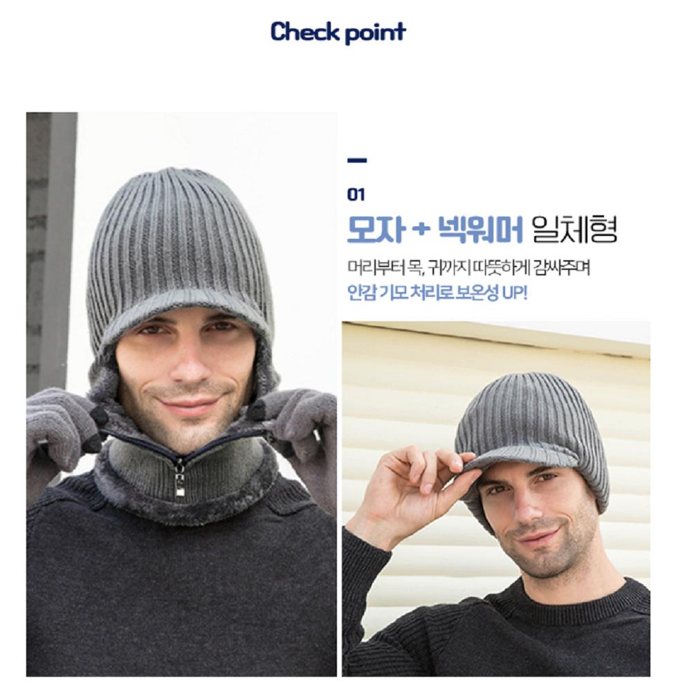 Zipper-open neck warmer brim hat (for men) (3 colors)