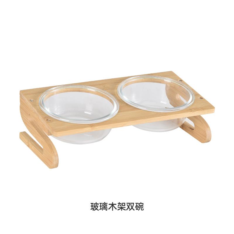 Tilted Ceramic Pet Bowl Bamboo Wood Stand Neck Protection Anti Spill Food Water Dish for Corgi Small Dogs Cats