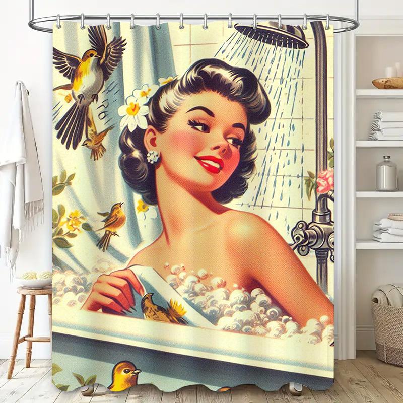 Vintage Style Bathtub Shower Curtain With Birds Print Bath Decor Home Decoration Waterproof Fabric For Bathroom Multiple Sizes A