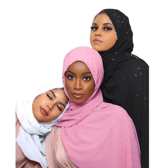 New Fashion Rhinestone Chain Hijab Long Chiffon Soft Scarves Shiny Stone Wraps Elegant Echarpe Foulard Muslim Women Scarf