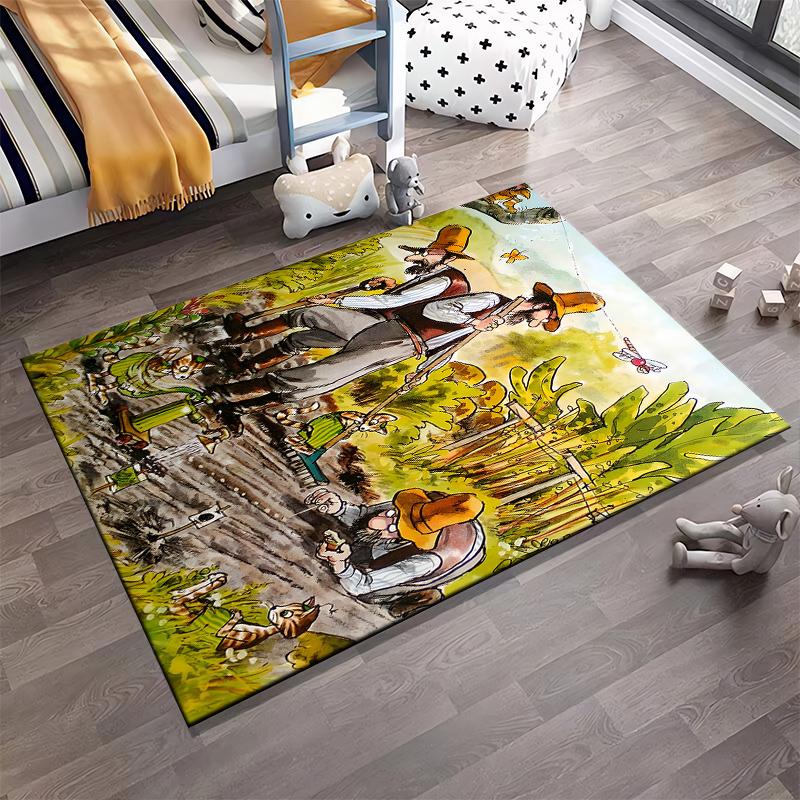 Flannel Carpet, Farmers Gardening in Field with Cats Helping Watercolor Storybook Illustration, Soft Rug for Adult Kitchen Living Room Decor