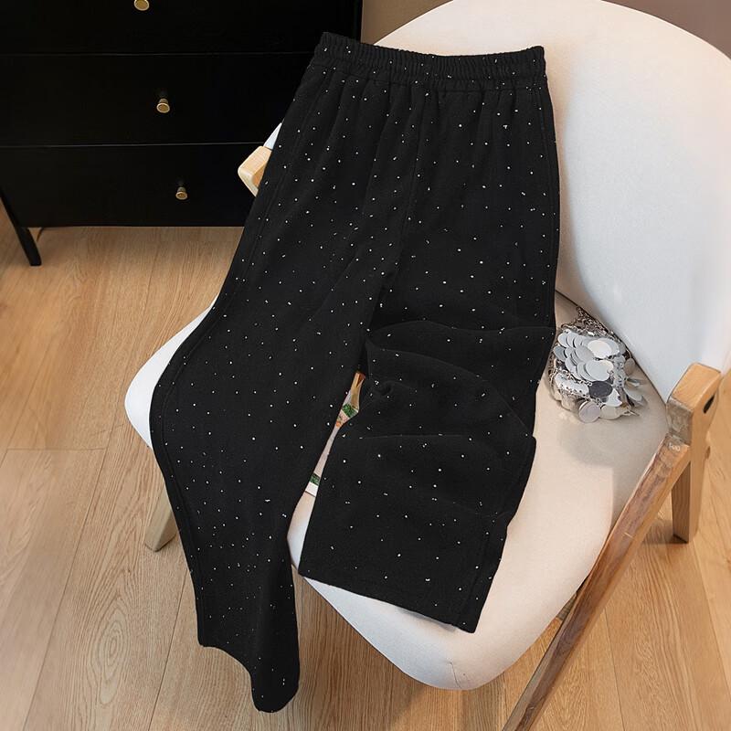 Women's Rhinestone Drawstring High-Waist Lined Wide-Leg Pants