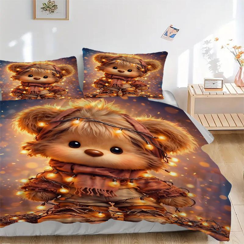 3pcs Christmas Lights Teddy Bear Bedding Set - Includes One Quilt Cover and Two Pillowcases (No Core) - Festive Gift for Bedroom Decor - Pol